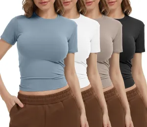 1/4 Pack Women's Workout Shirts Compression Short Sleeve Crew Neck Running Yoga Gym Athletic Fitted Crop T-Shirts Top