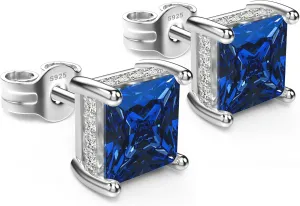18K White Gold Plated Sterling Silver Princess Cut Cubic Zirconia Stud Earrings Square CZ Diamond Stud Earrings for Women Men Hypoallergenic