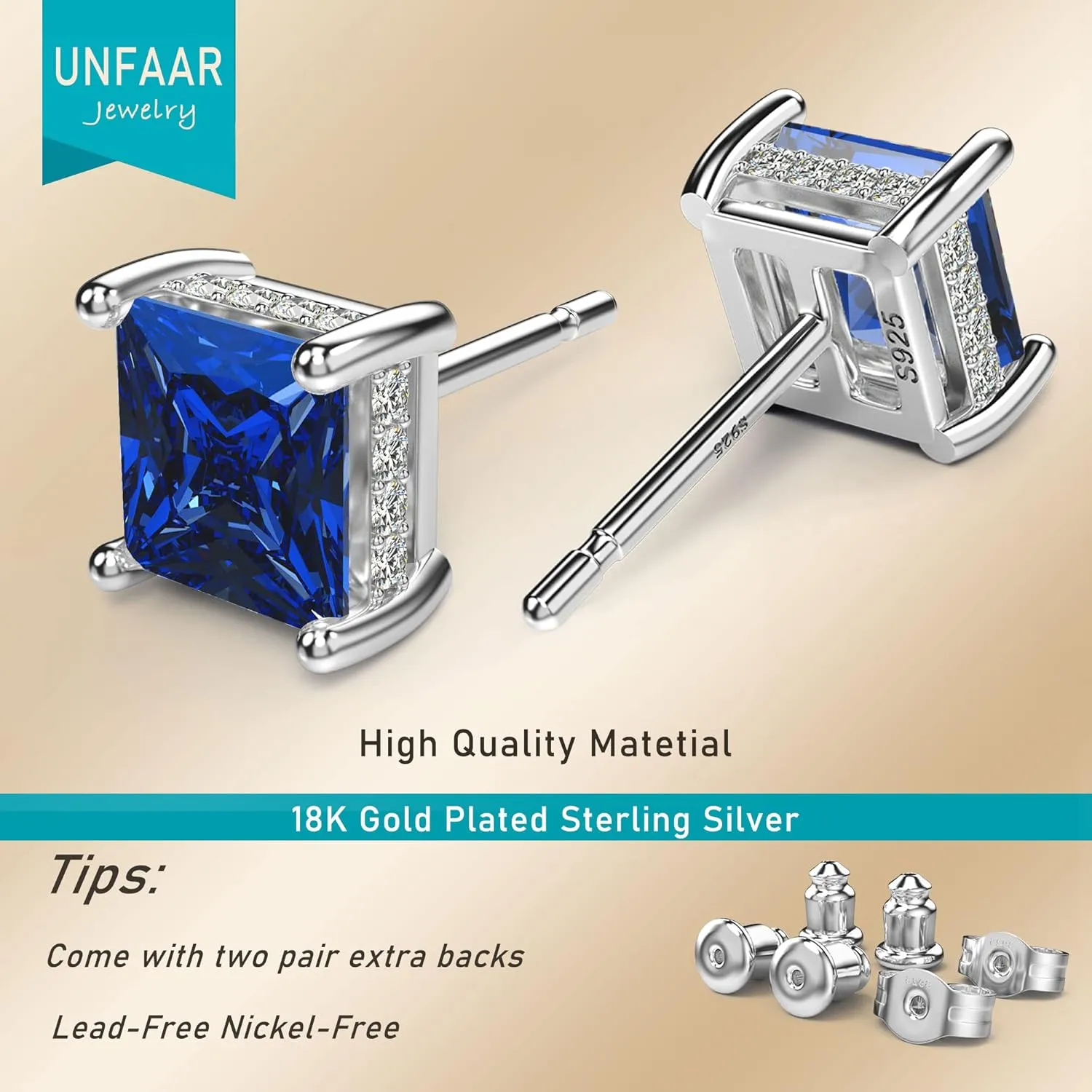 18K White Gold Plated Sterling Silver Princess Cut Cubic Zirconia Stud Earrings Square CZ Diamond Stud Earrings for Women Men Hypoallergenic