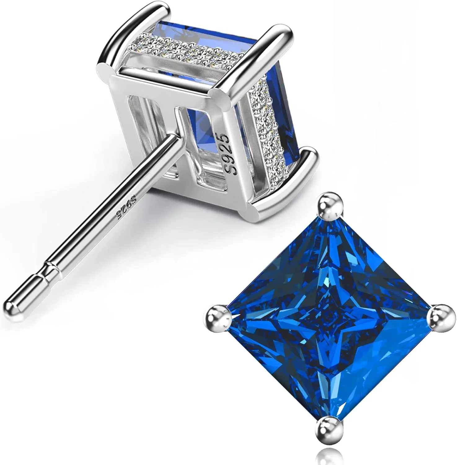 18K White Gold Plated Sterling Silver Princess Cut Cubic Zirconia Stud Earrings Square CZ Diamond Stud Earrings for Women Men Hypoallergenic