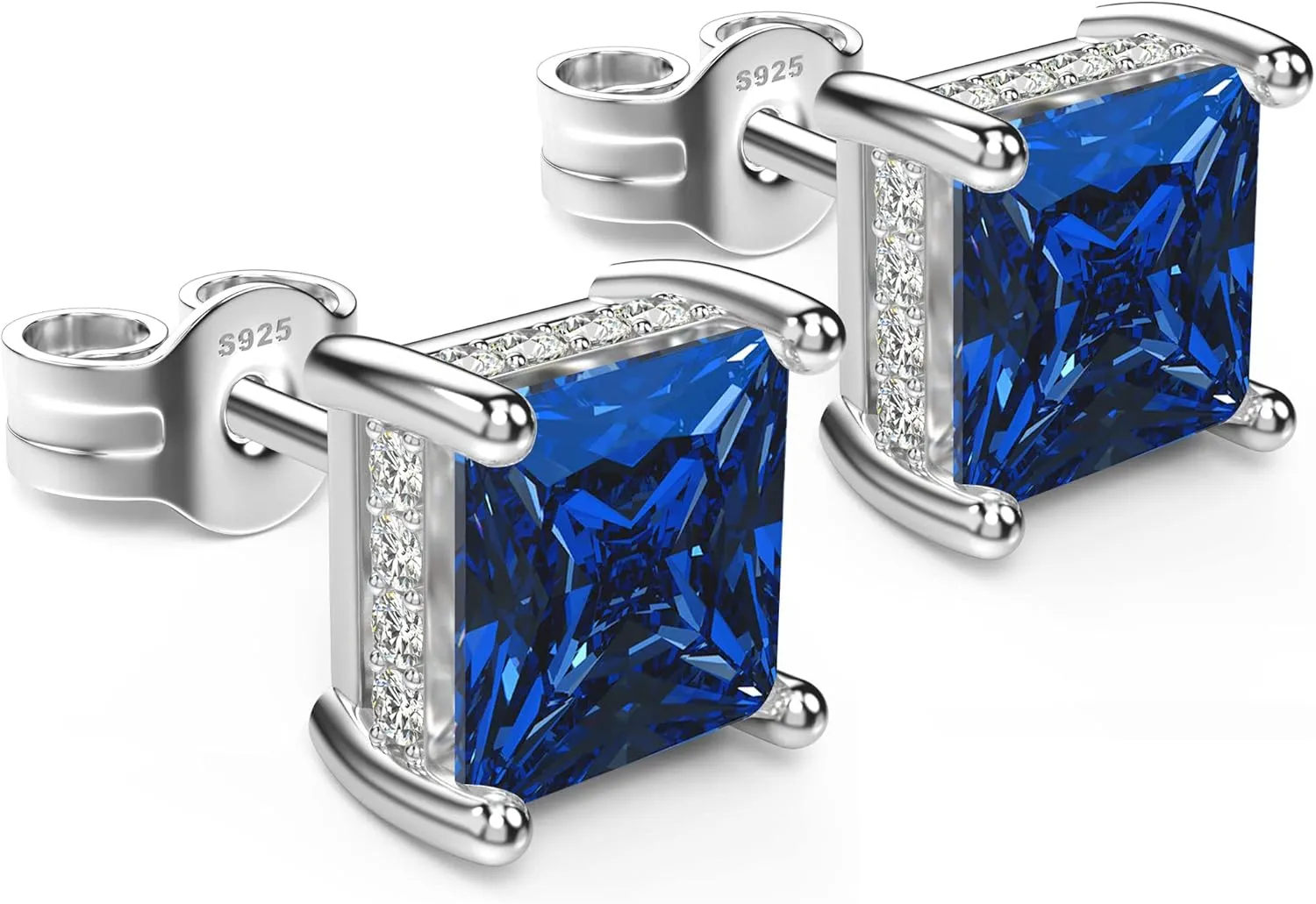 18K White Gold Plated Sterling Silver Princess Cut Cubic Zirconia Stud Earrings Square CZ Diamond Stud Earrings for Women Men Hypoallergenic
