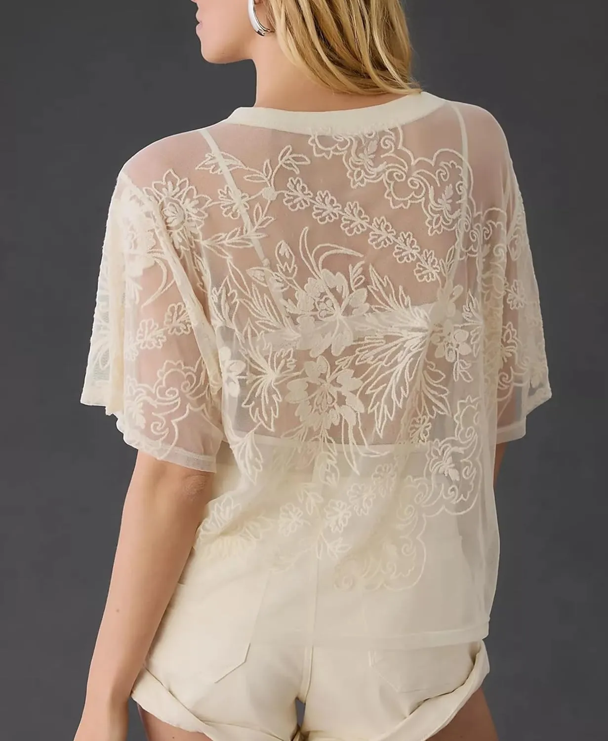 Aimiray Women's Sexy Mesh Tops Short Sleeve Round Neck Lace 3D Printed Floral Sheer Blouse See Through Layering Shirt Tops