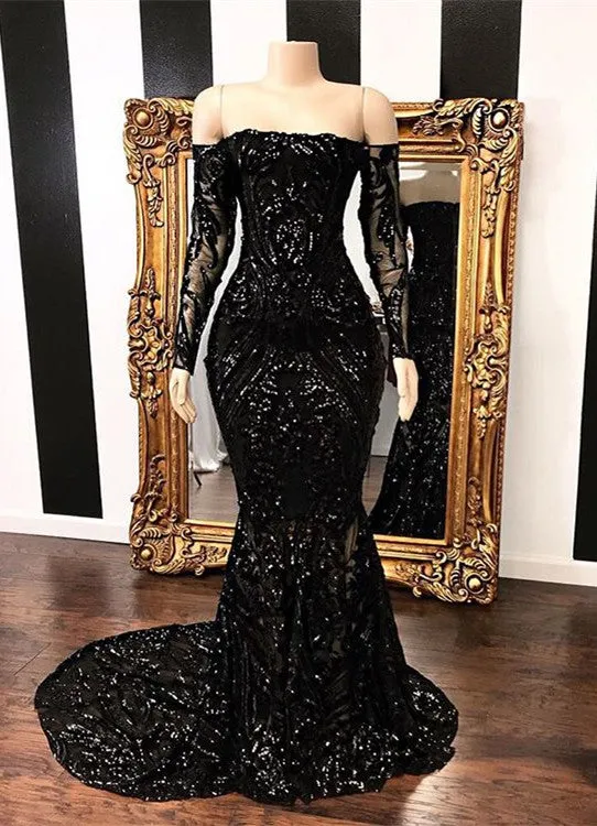 Amazing Black Long Sleeve Prom Dresses | Mermaid Sequins Long Evening Gowns BC1454