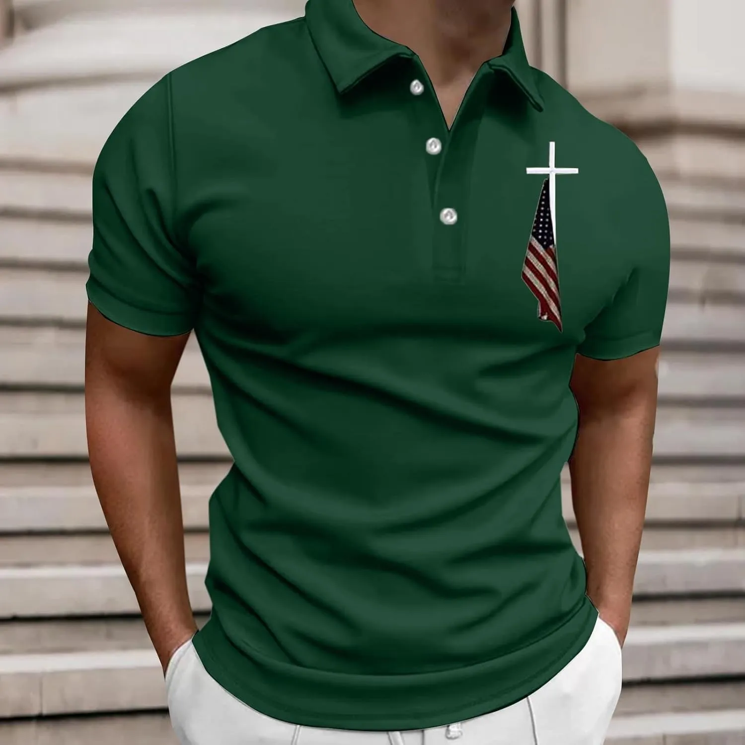 American Flag Polo Shirt for Men Christian Faith Cross Jesus T Shirts 4th of July Patriotic Tee Tops Graphic T-Shirt