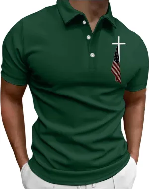 American Flag Polo Shirt for Men Christian Faith Cross Jesus T Shirts 4th of July Patriotic Tee Tops Graphic T-Shirt