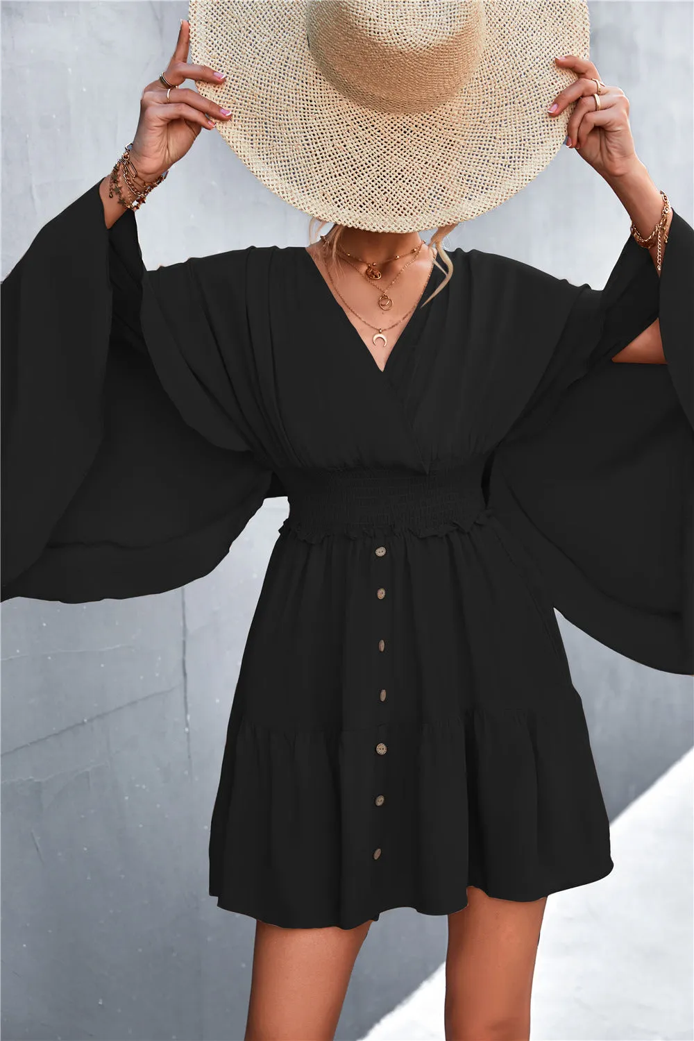 Batwing Sleeve V Neck Elastic Waist Wholesale Swing Dresses For Women Summer