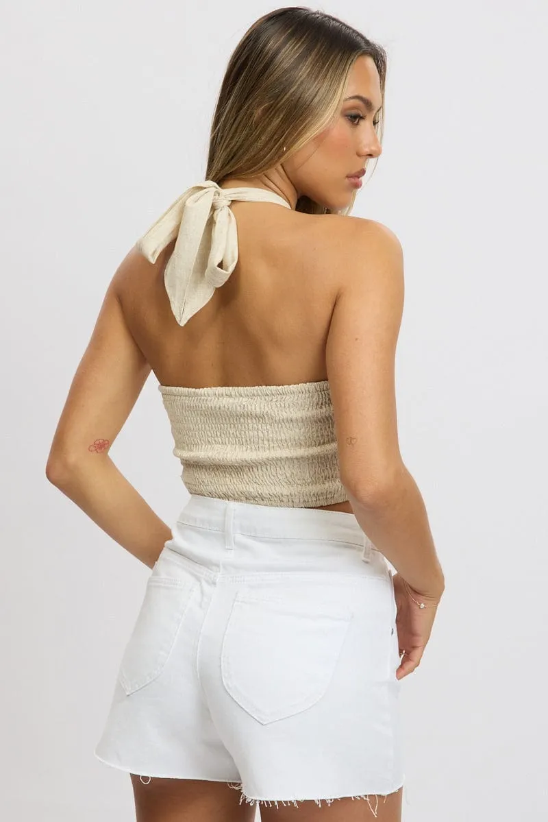 Beige Halter Crop Top Linen Blend