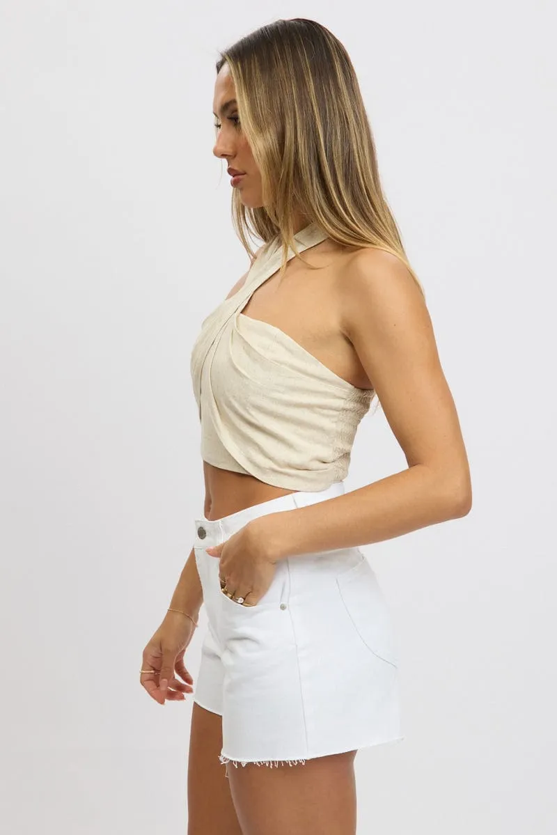 Beige Halter Crop Top Linen Blend