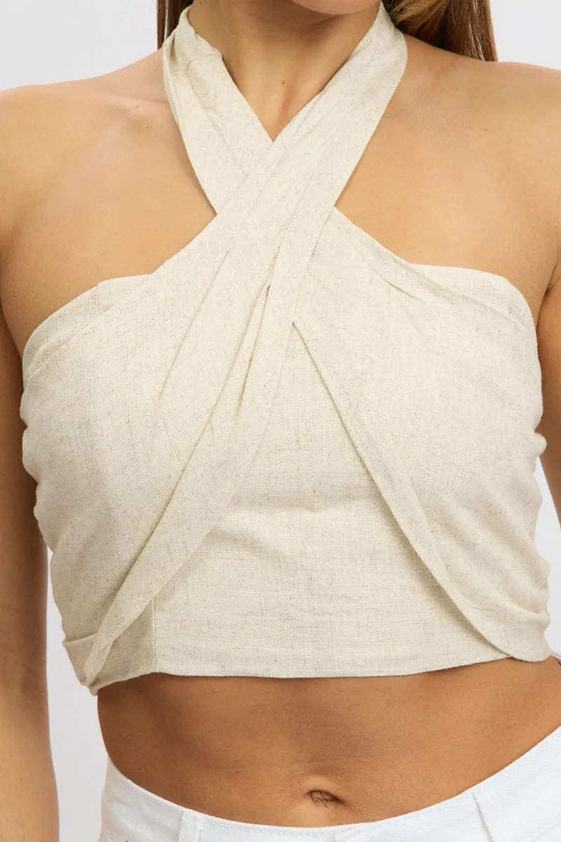 Beige Halter Crop Top Linen Blend