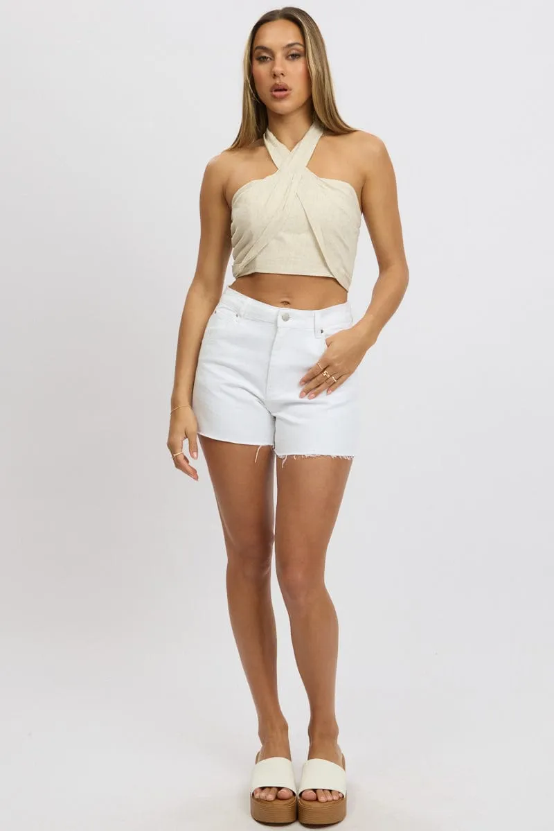 Beige Halter Crop Top Linen Blend