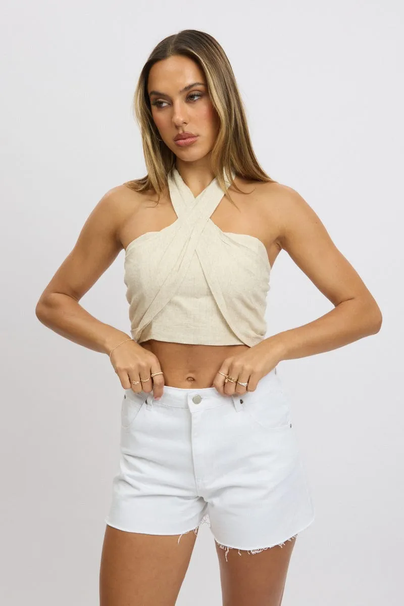 Beige Halter Crop Top Linen Blend
