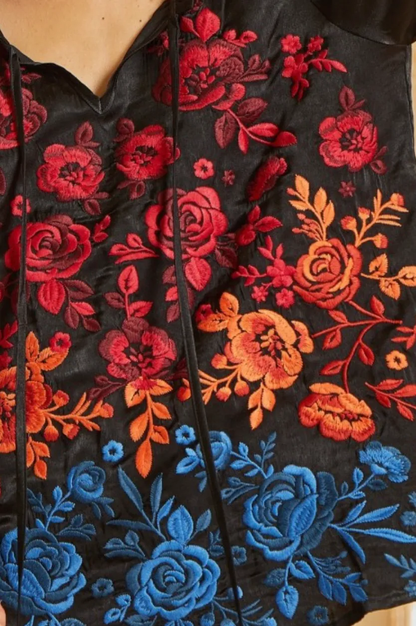 Black Tunic Top with Vibrant Floral Embroidery - Savannah Jane