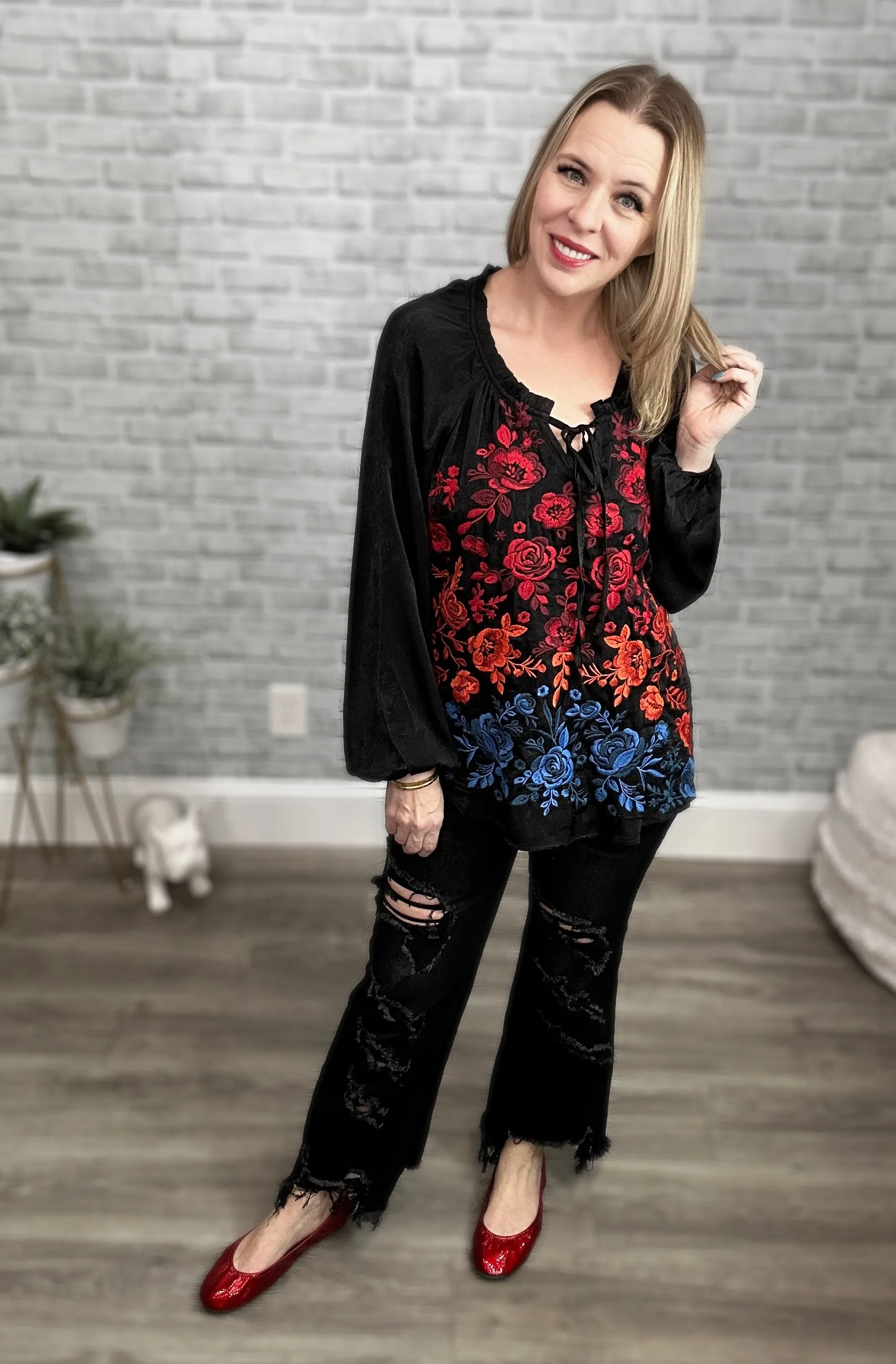 Black Tunic Top with Vibrant Floral Embroidery - Savannah Jane