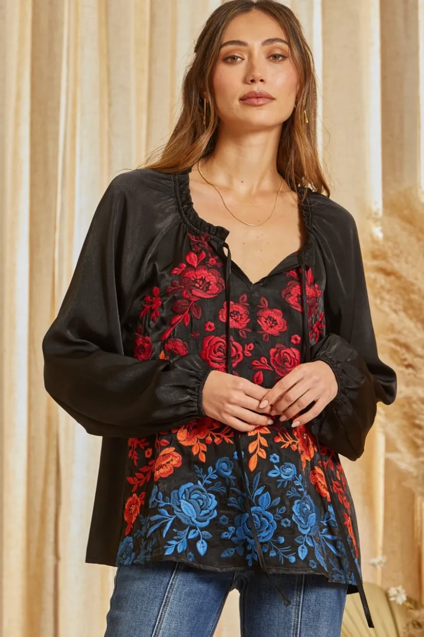 Black Tunic Top with Vibrant Floral Embroidery - Savannah Jane