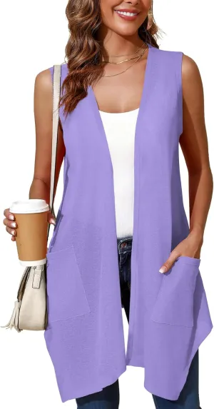 Cardigan for Women Drape Shrugs Open Front Sleeveless Vest Lightweight Cover Ups with Pocket