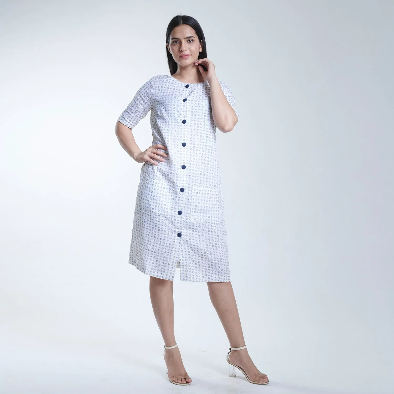 Comfortable Off white with blue print Cotton Linen Dress