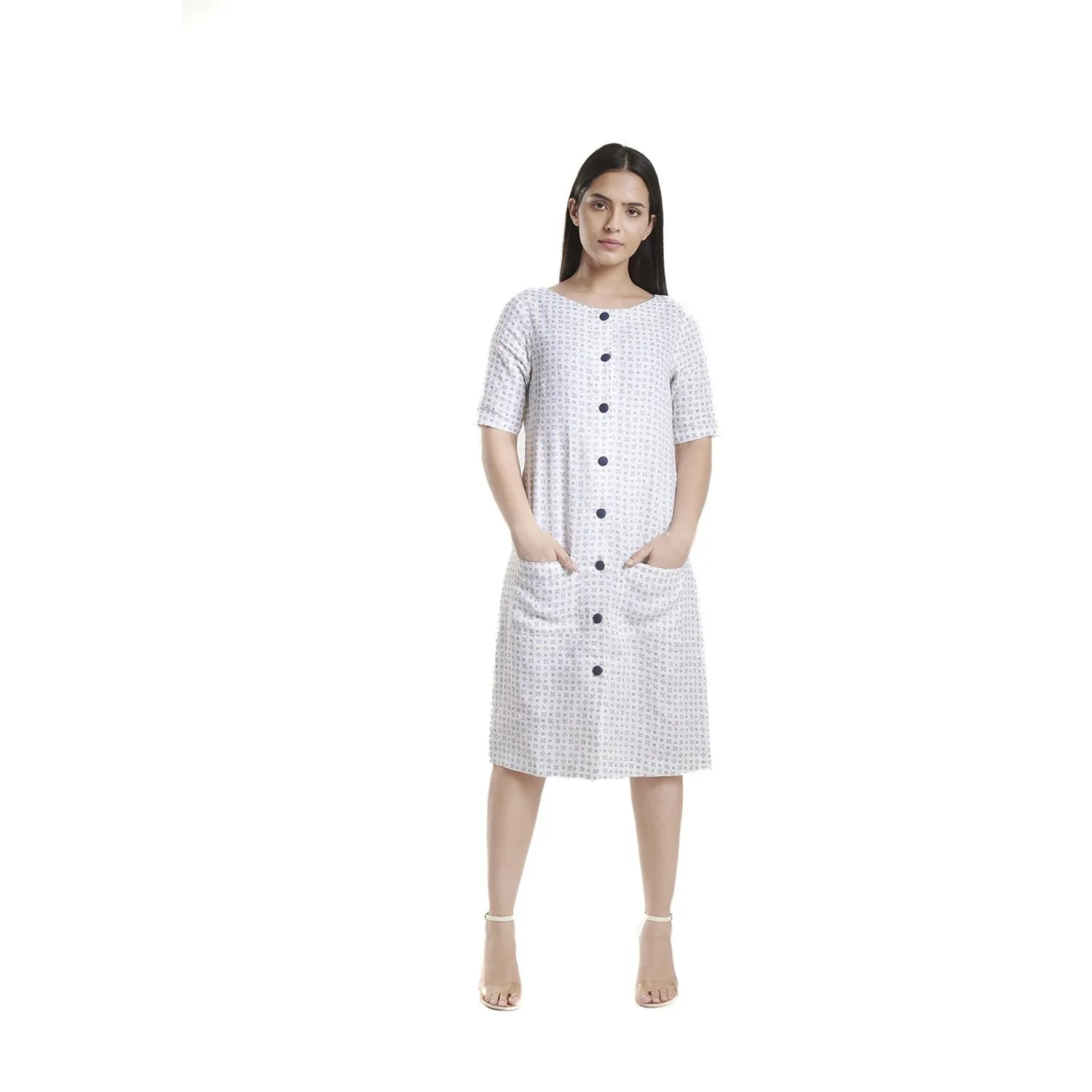 Comfortable Off white with blue print Cotton Linen Dress