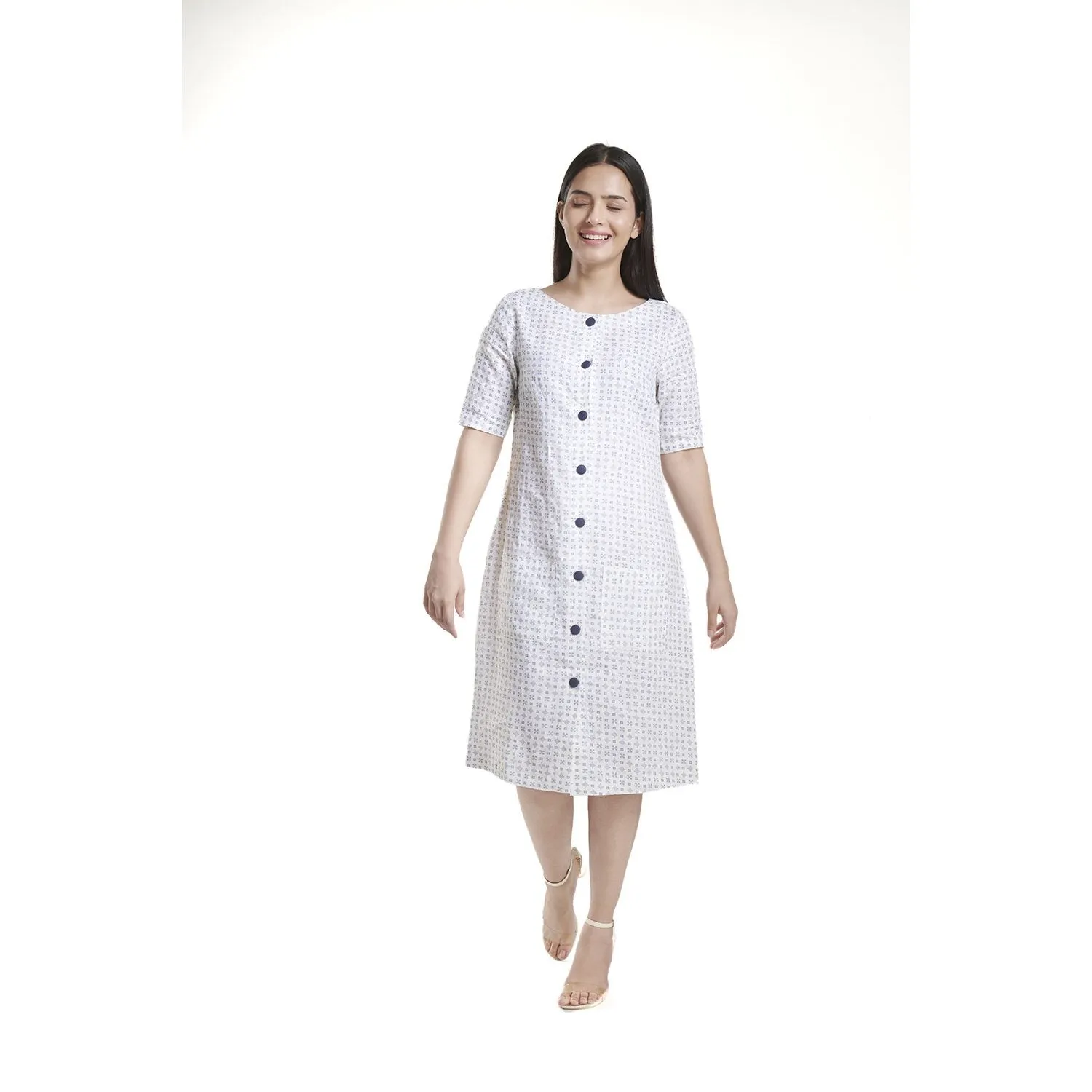 Comfortable Off white with blue print Cotton Linen Dress