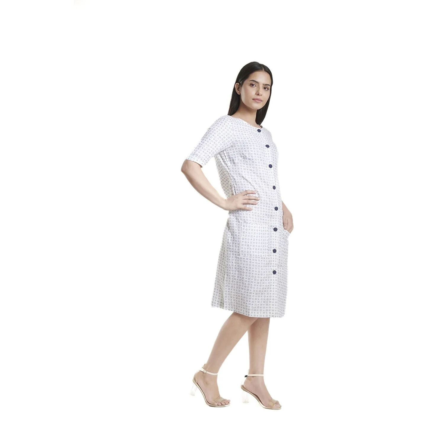 Comfortable Off white with blue print Cotton Linen Dress