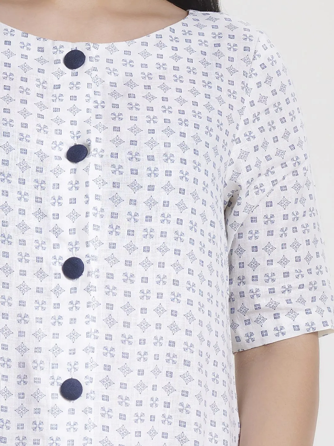 Comfortable Off white with blue print Cotton Linen Dress