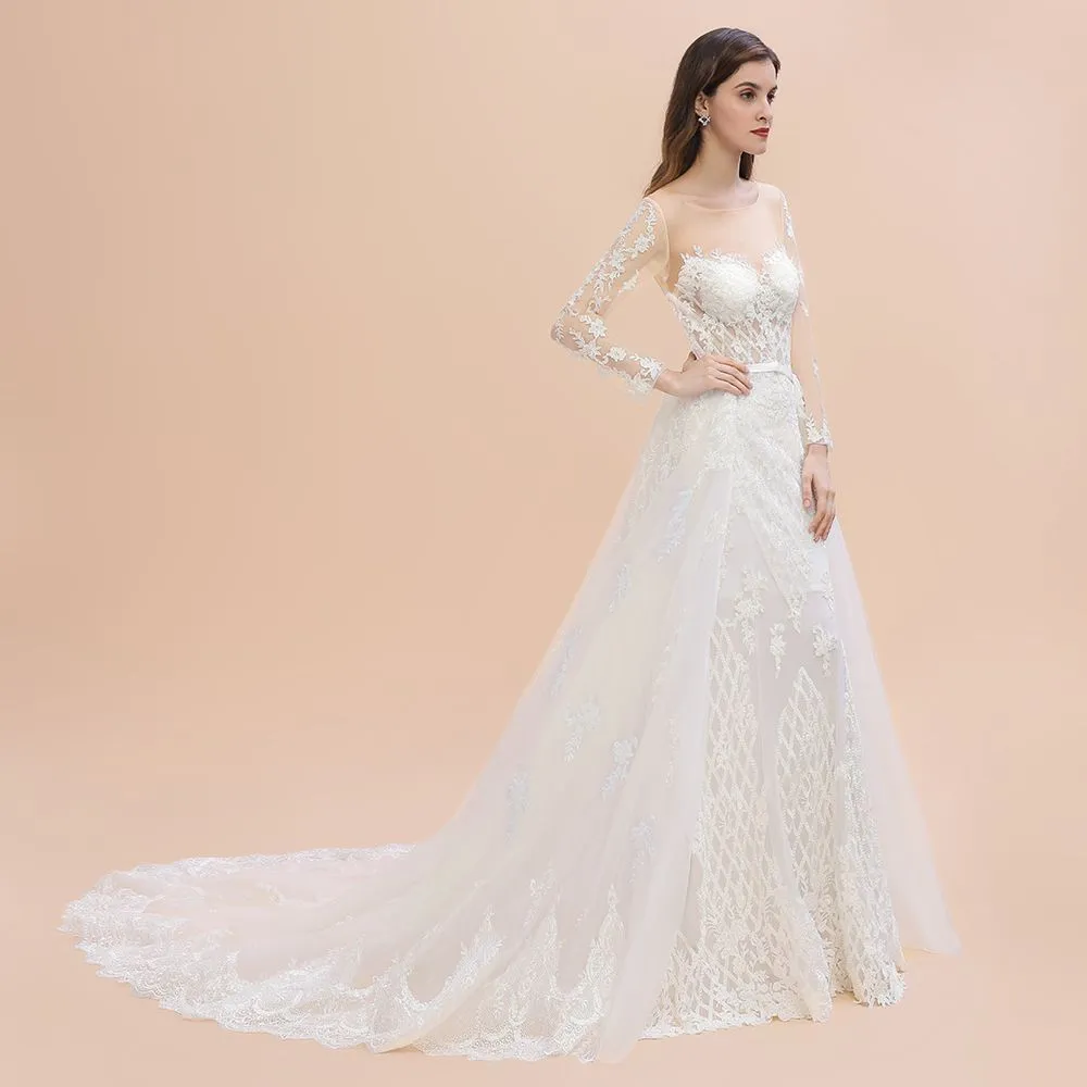 Elegant White/Ivory Tulle Lace Appliques Mermaid Bridal Gowns Long Seelve Wedding Dress
