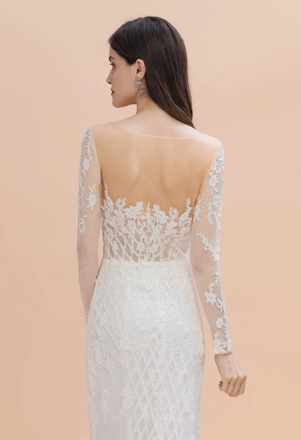 Elegant White/Ivory Tulle Lace Appliques Mermaid Bridal Gowns Long Seelve Wedding Dress