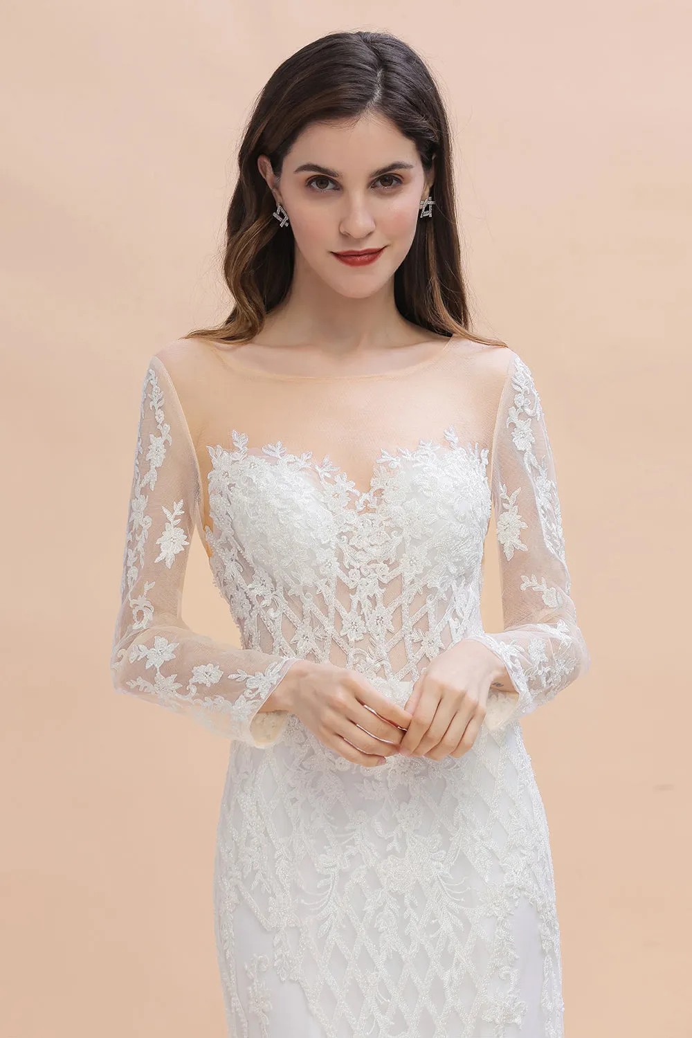 Elegant White/Ivory Tulle Lace Appliques Mermaid Bridal Gowns Long Seelve Wedding Dress