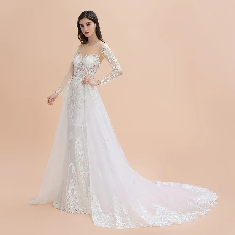 Elegant White/Ivory Tulle Lace Appliques Mermaid Bridal Gowns Long Seelve Wedding Dress