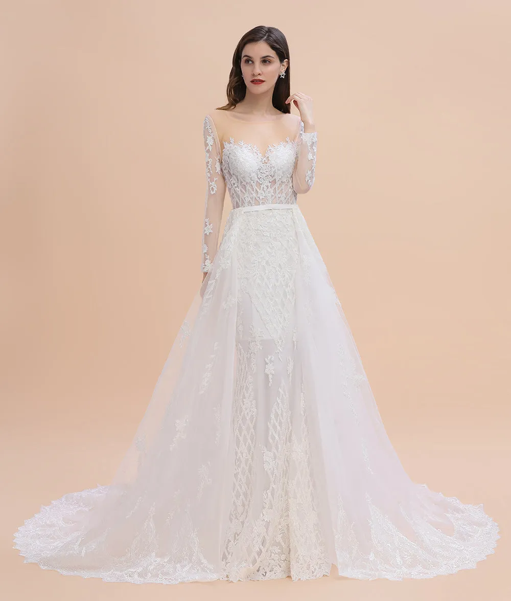 Elegant White/Ivory Tulle Lace Appliques Mermaid Bridal Gowns Long Seelve Wedding Dress