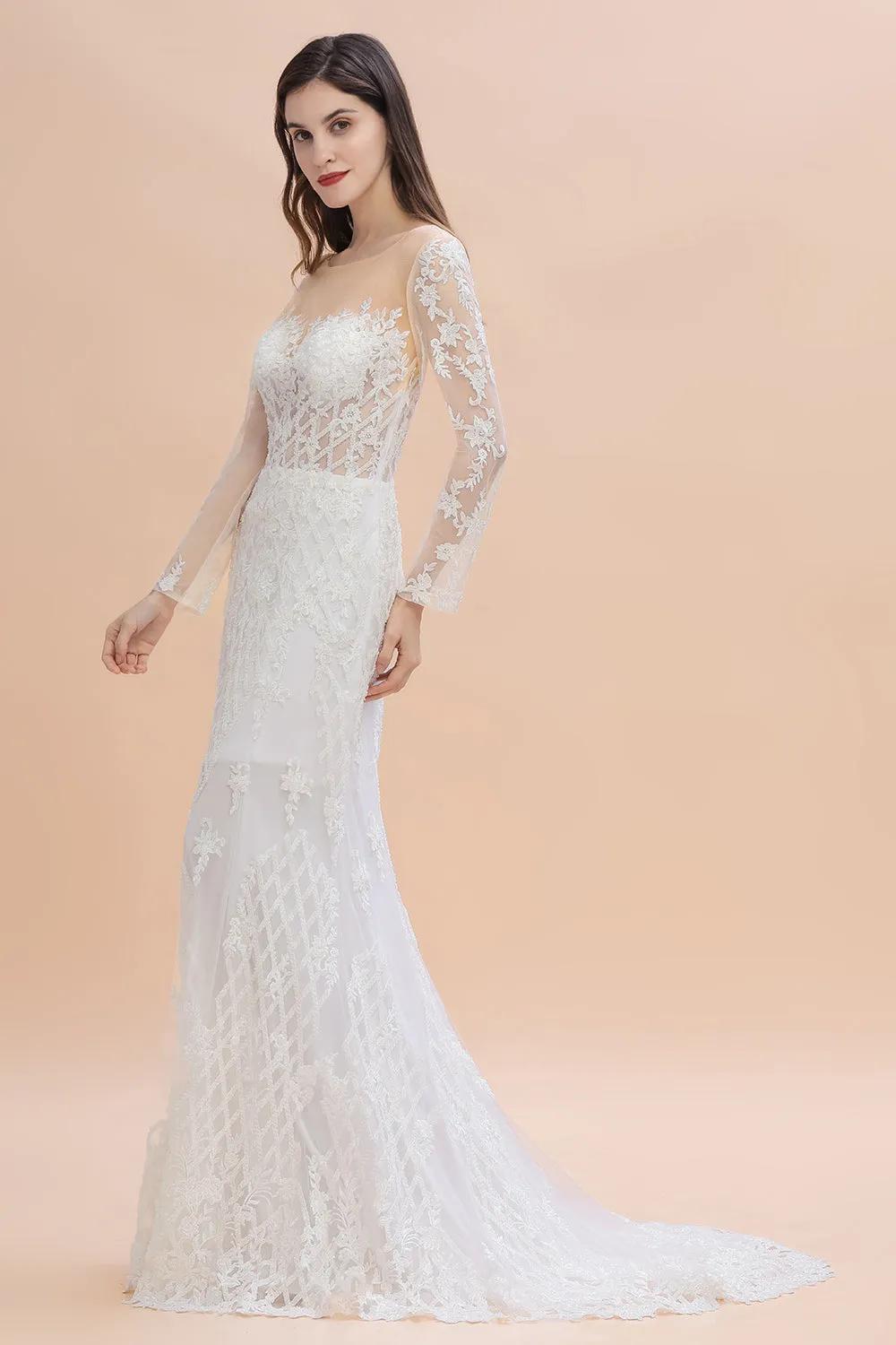 Elegant White/Ivory Tulle Lace Appliques Mermaid Bridal Gowns Long Seelve Wedding Dress
