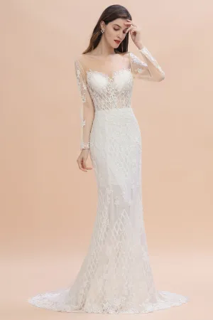 Elegant White/Ivory Tulle Lace Appliques Mermaid Bridal Gowns Long Seelve Wedding Dress