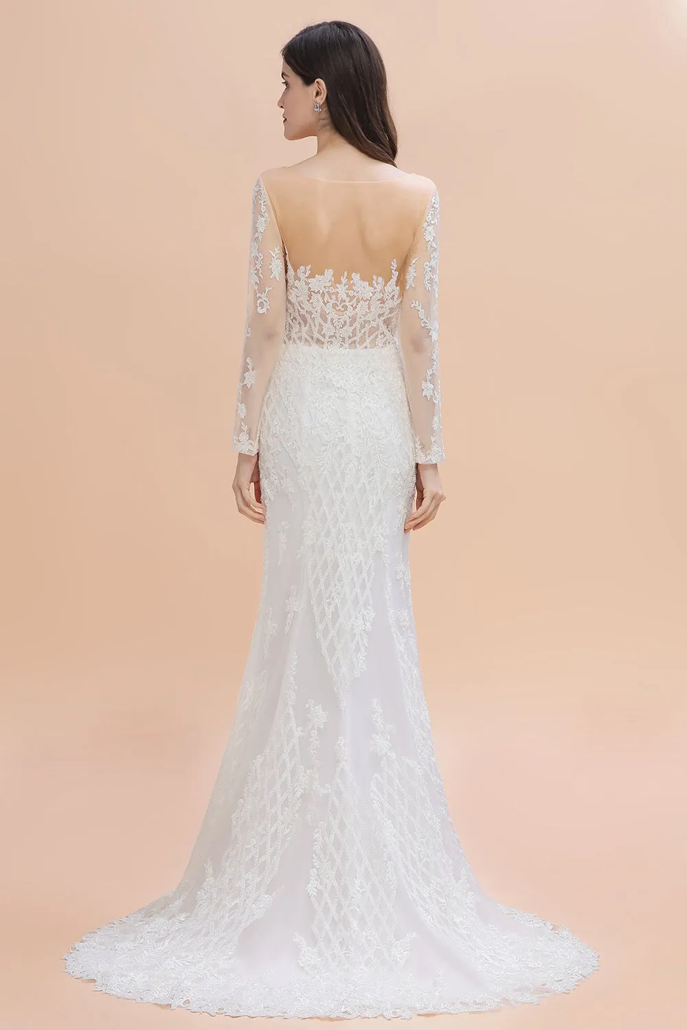 Elegant White/Ivory Tulle Lace Appliques Mermaid Bridal Gowns Long Seelve Wedding Dress
