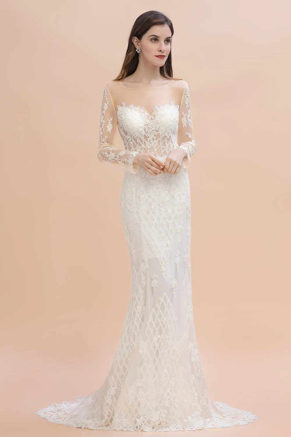 Elegant White/Ivory Tulle Lace Appliques Mermaid Bridal Gowns Long Seelve Wedding Dress
