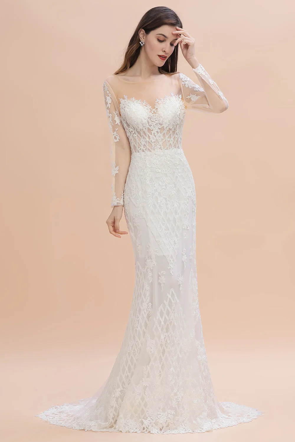 Elegant White/Ivory Tulle Lace Appliques Mermaid Bridal Gowns Long Seelve Wedding Dress