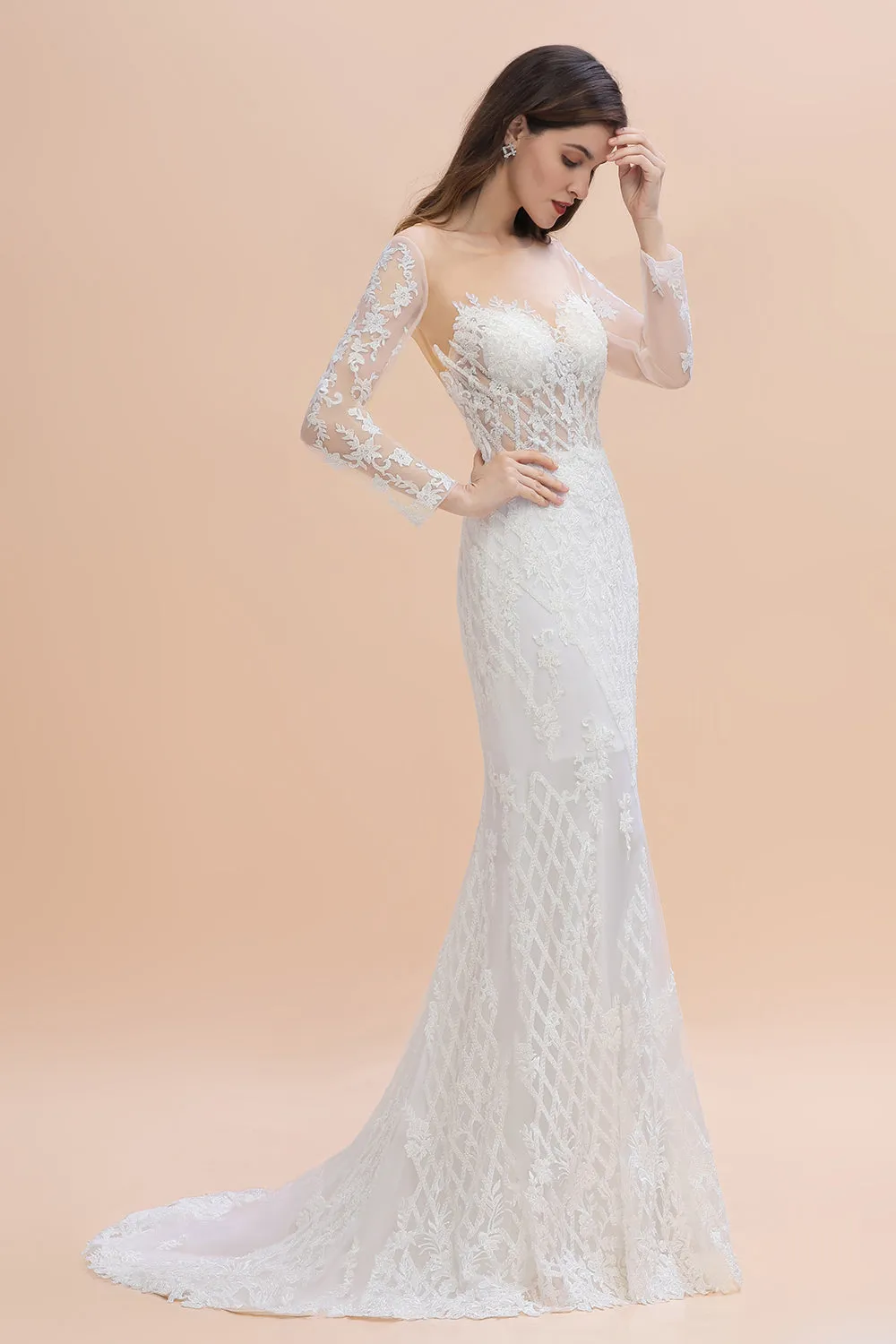 Elegant White/Ivory Tulle Lace Appliques Mermaid Bridal Gowns Long Seelve Wedding Dress