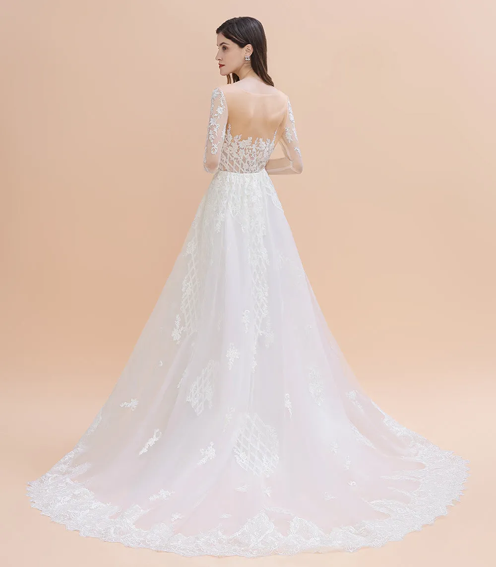 Elegant White/Ivory Tulle Lace Appliques Mermaid Bridal Gowns Long Seelve Wedding Dress
