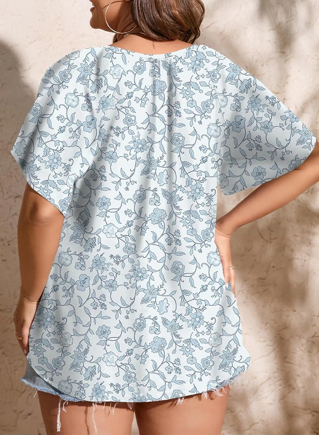 Eytino Women Plus Size Tops Boho Printed V Neck Short Sleeve Drawstring Casual Chiffon Shirts Blouse(1X-5X)