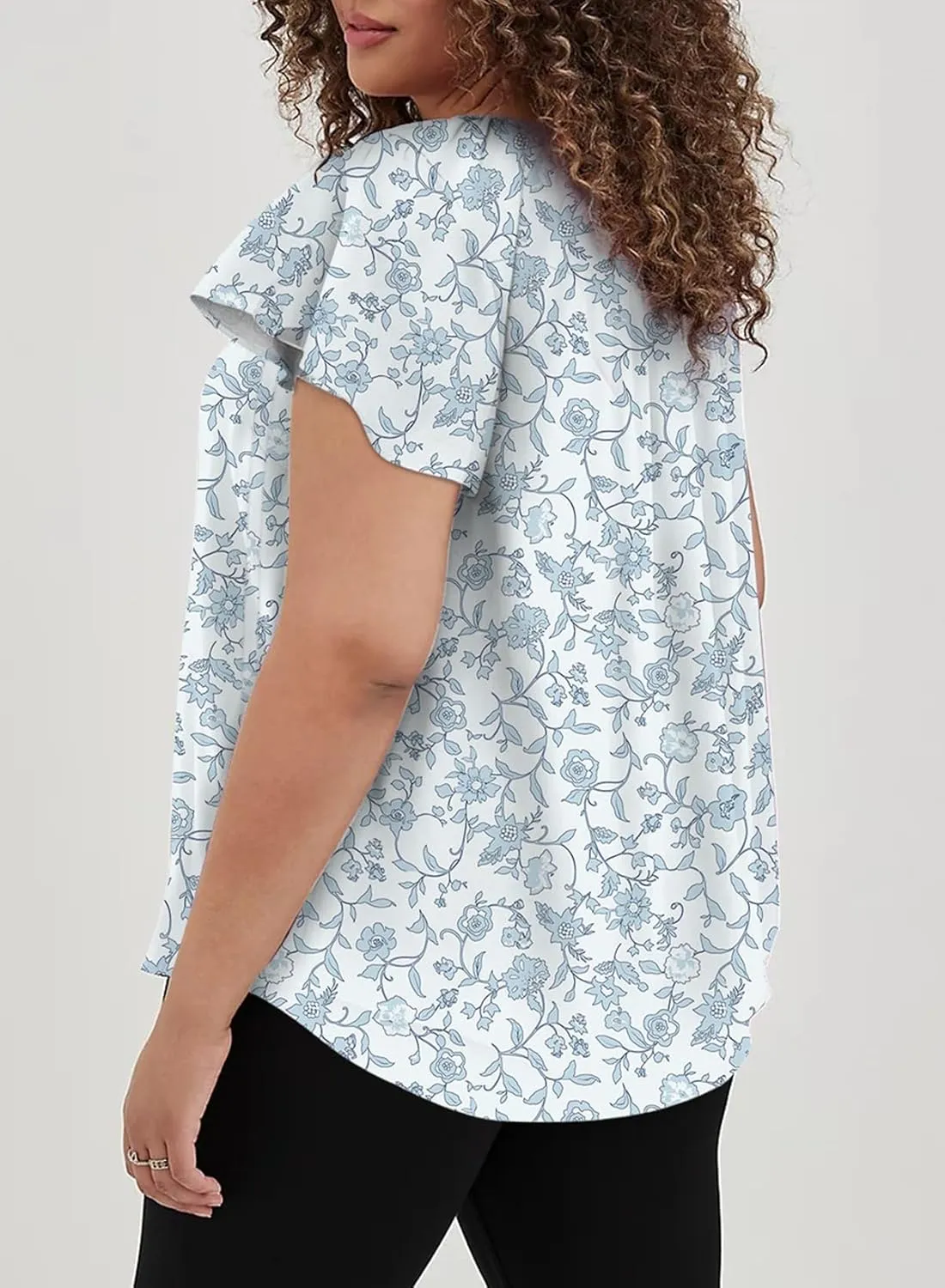 Eytino Women Plus Size Tops Boho Printed V Neck Short Sleeve Drawstring Casual Chiffon Shirts Blouse(1X-5X)