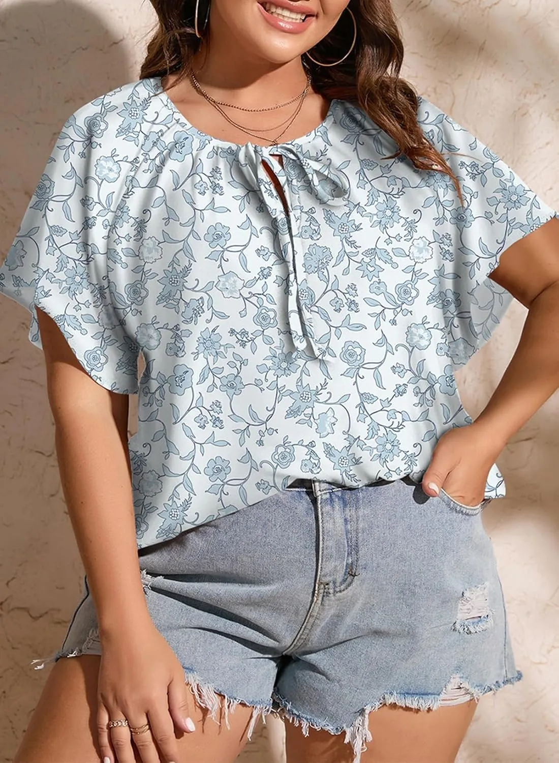 Eytino Women Plus Size Tops Boho Printed V Neck Short Sleeve Drawstring Casual Chiffon Shirts Blouse(1X-5X)