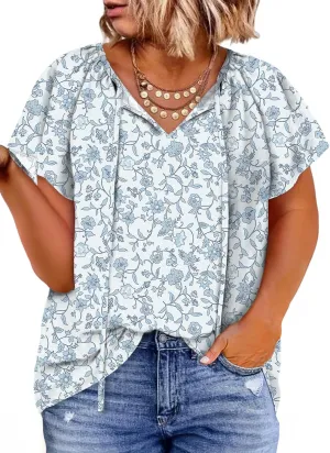 Eytino Women Plus Size Tops Boho Printed V Neck Short Sleeve Drawstring Casual Chiffon Shirts Blouse(1X-5X)
