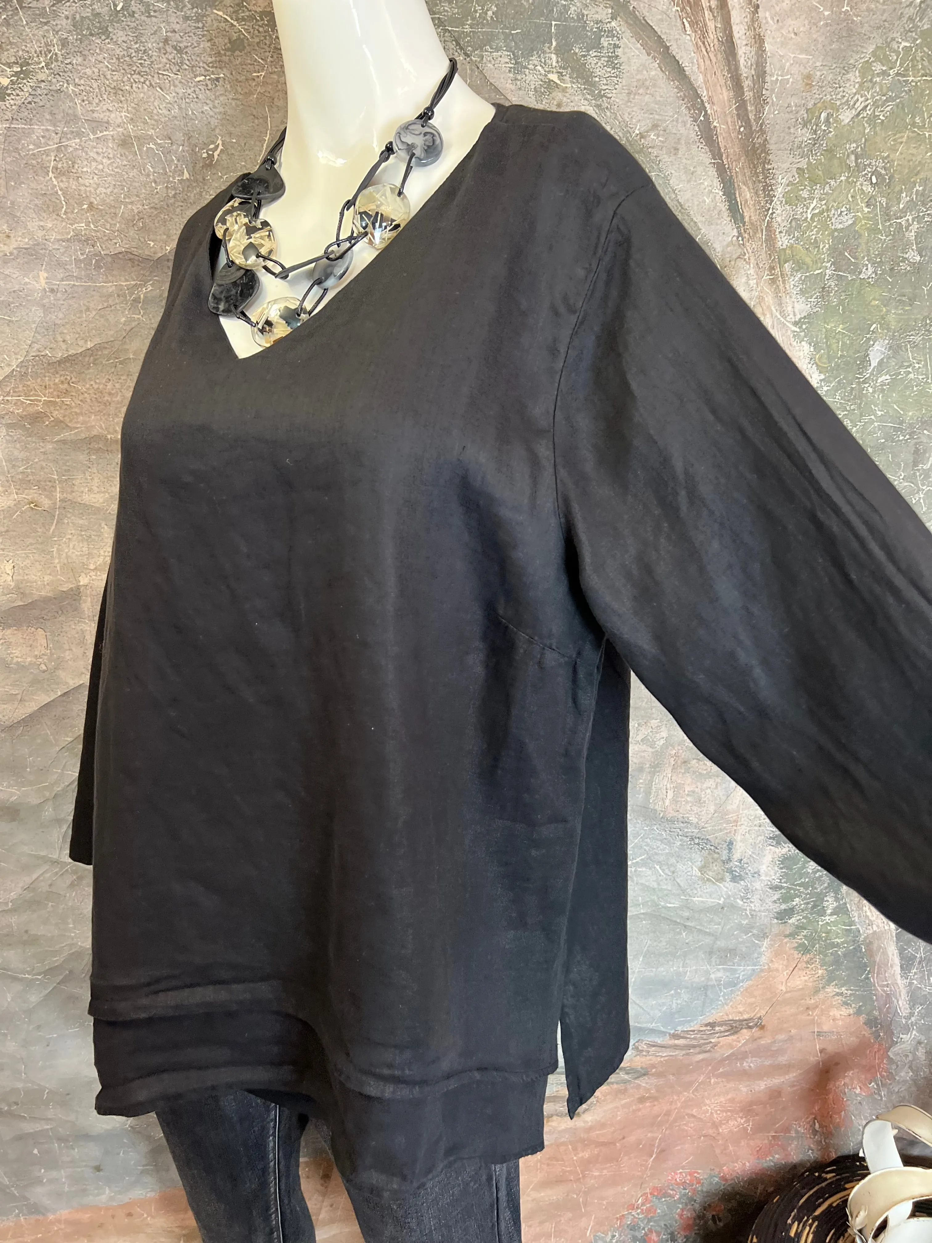 FBT95 V-Neck 2 Layer Slv Top-Black