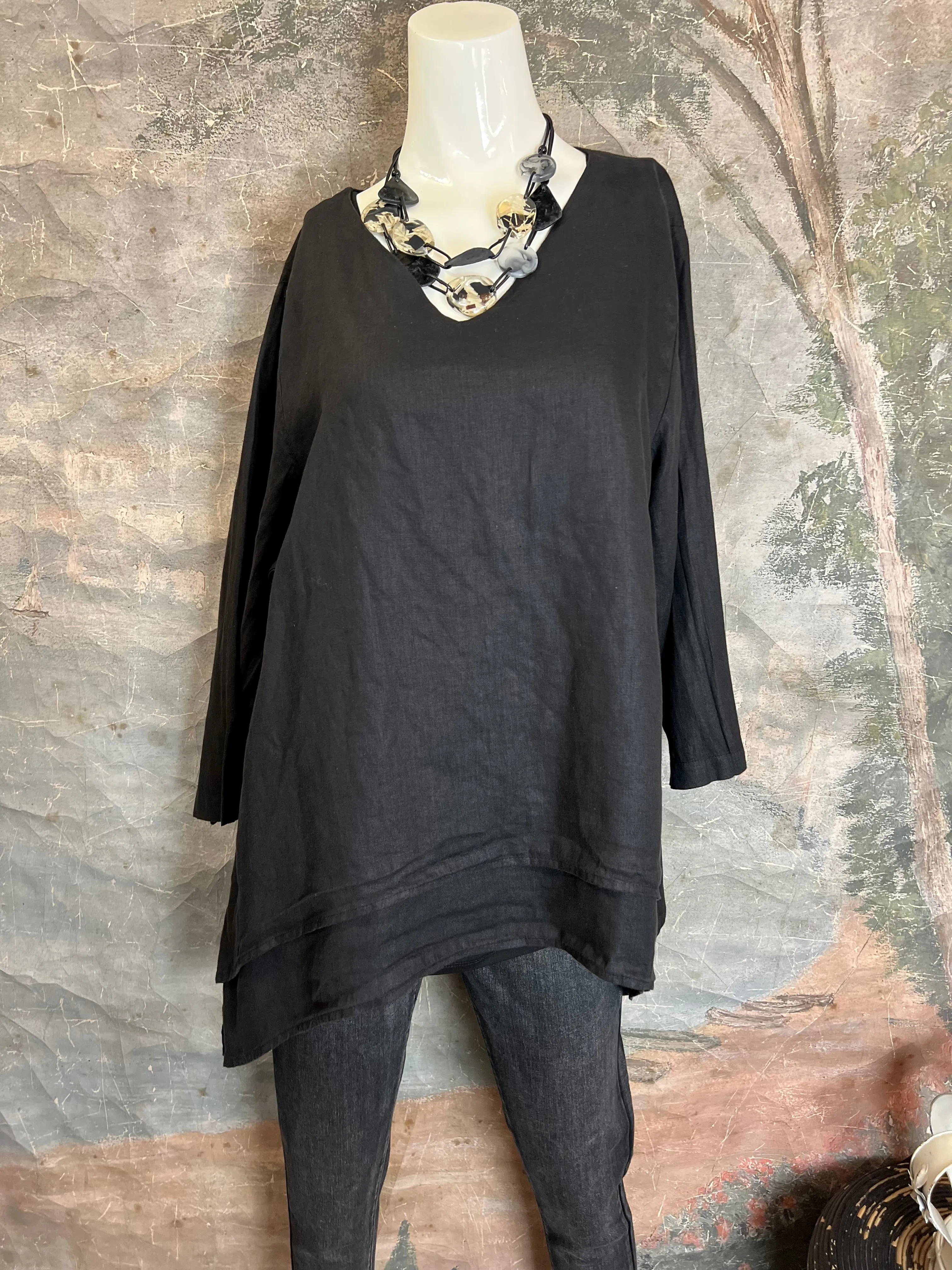 FBT95 V-Neck 2 Layer Slv Top-Black