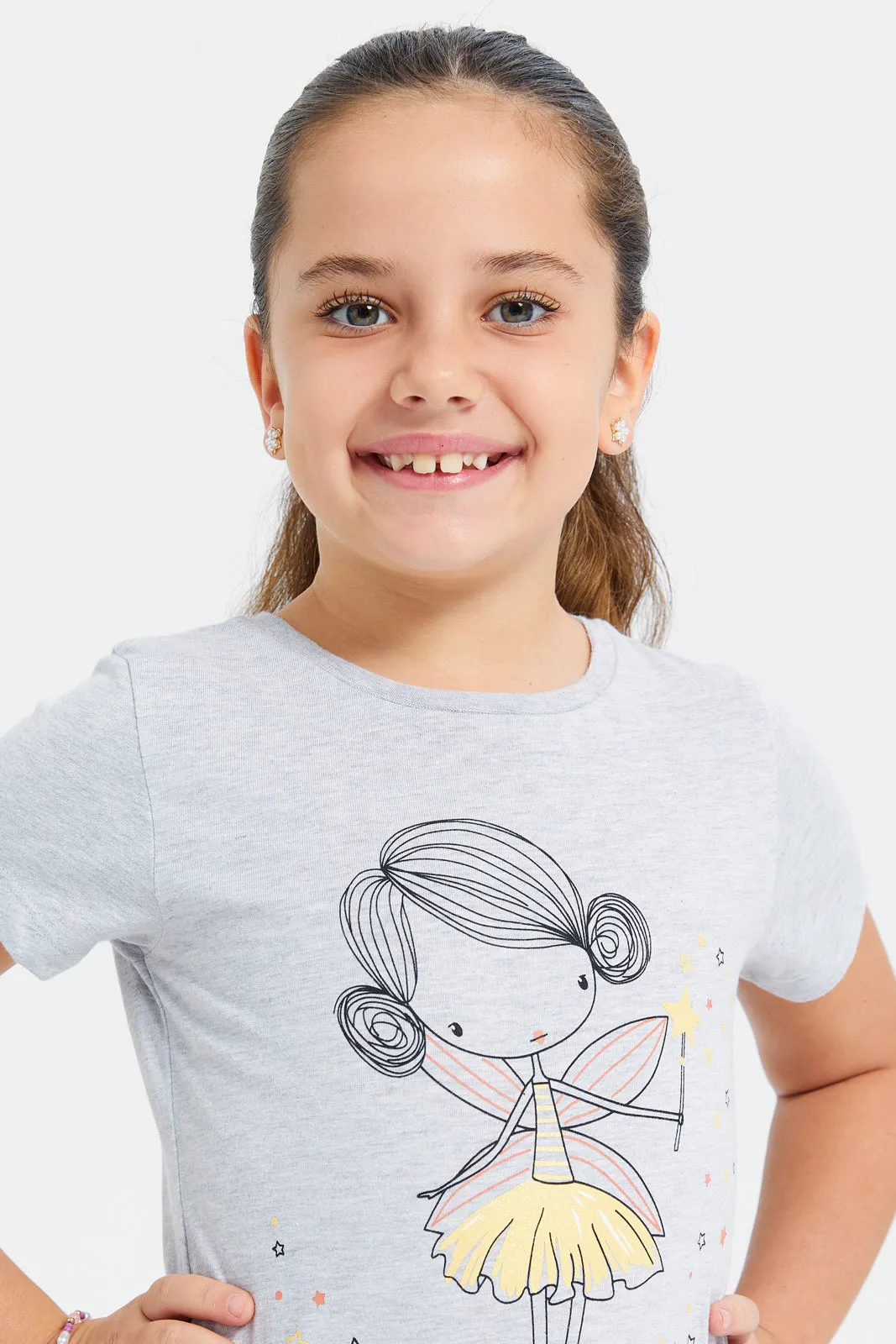Girls Grey Printed T-Shirt