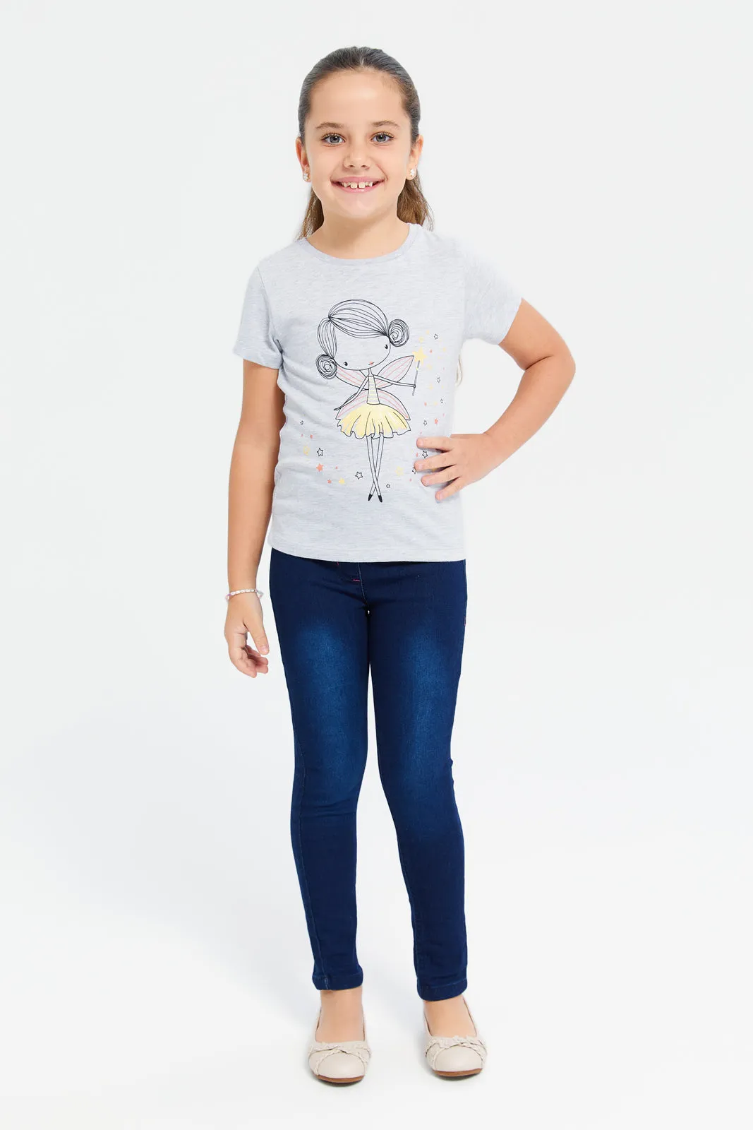 Girls Grey Printed T-Shirt