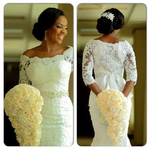 Glamorous Half-Sleeve Lace Wedding Dress Mermaid Crystal Bow Back