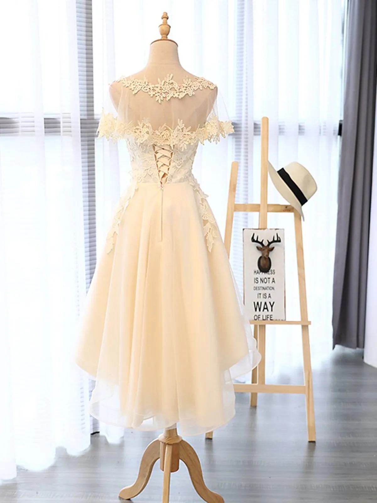 High Low Short Light Champagne Lace Prom, High Low Light Champagne Lace Homecoming, Champagne Lace Formal Evening