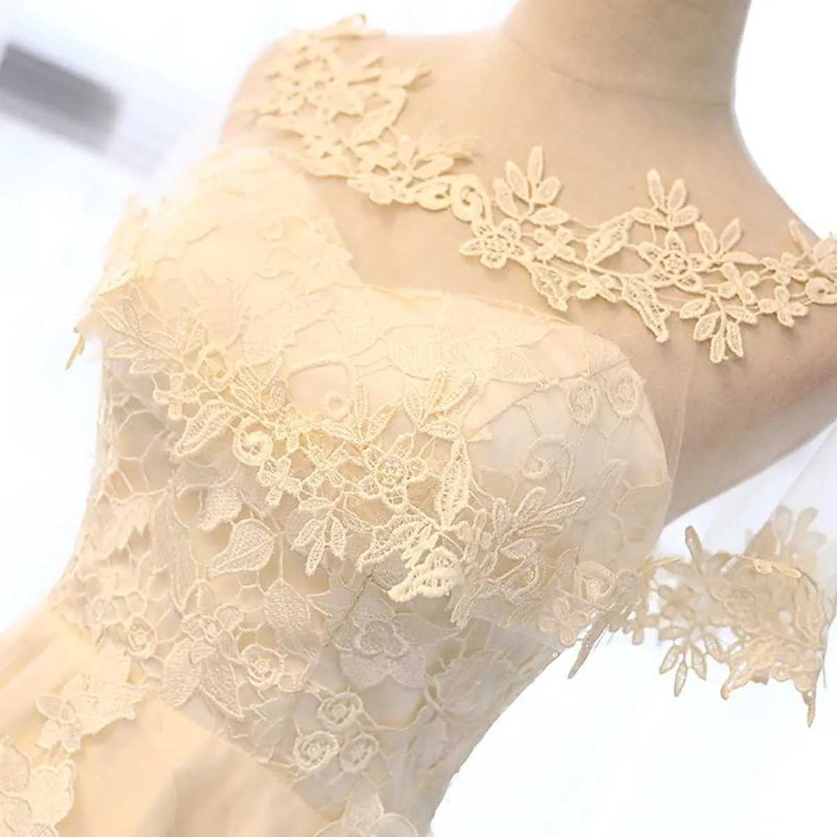 High Low Short Light Champagne Lace Prom, High Low Light Champagne Lace Homecoming, Champagne Lace Formal Evening