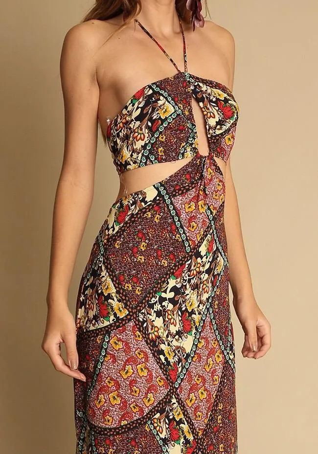 Holiday style floral beach skirt hanging neck long dress print halter skirt
