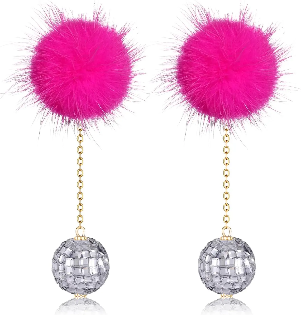 Hot Pink Earrings Disco Ball Earring for Women Pom Pom Dangle Earrings Reflective Mirrorball Earrings 70s 80s Disco Dance Party Costume Accessories Cowgirl Country Concert Outfits Halloween New Year Holiday Jewelry Gifts