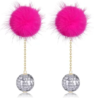Hot Pink Earrings Disco Ball Earring for Women Pom Pom Dangle Earrings Reflective Mirrorball Earrings 70s 80s Disco Dance Party Costume Accessories Cowgirl Country Concert Outfits Halloween New Year Holiday Jewelry Gifts